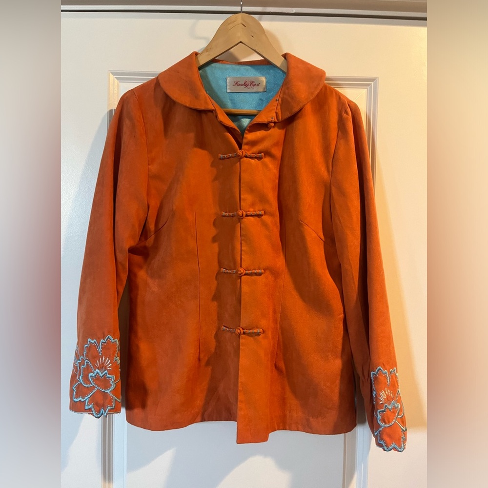 Funky East Orange blazer with blue flowers and loop closures size M